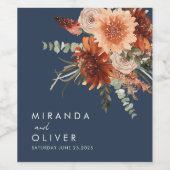 Boho Rust Waterverf Bloemen Navy Blauw Bruiloft Wijn Etiket (Enkel label)