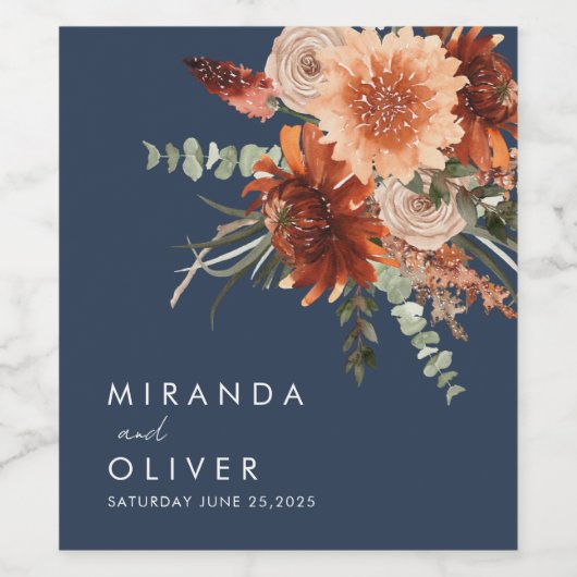 Boho Rust Waterverf Bloemen Navy Blauw Bruiloft Wijn Etiket (Enkel label)