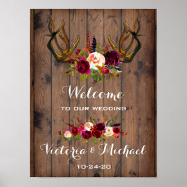 Boho Rustic Antler floral Wedding Sign Poster