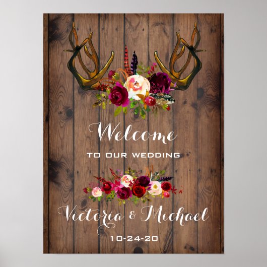 Boho Rustic Antler floral Wedding Sign Poster (Voorkant)