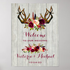 Boho Rustic Antler floral Wedding Sign Poster