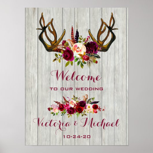 Boho Rustic Antler floral Wedding Sign Poster (Voorkant)