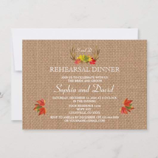 Boho Rustic Antlers Fall Wedding Rehearsal Dinner Kaart (Voorkant)