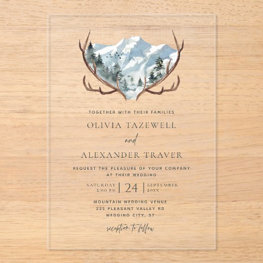 Boho Rustic Antlers Mountain Wedding Acryl Uitnodigingen (Voorkant)