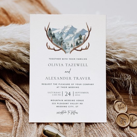 Boho Rustic Antlers Mountain Wedding Kaart
