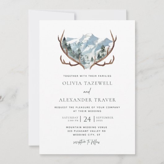 Boho Rustic Antlers Mountain Wedding Kaart (Voorkant)