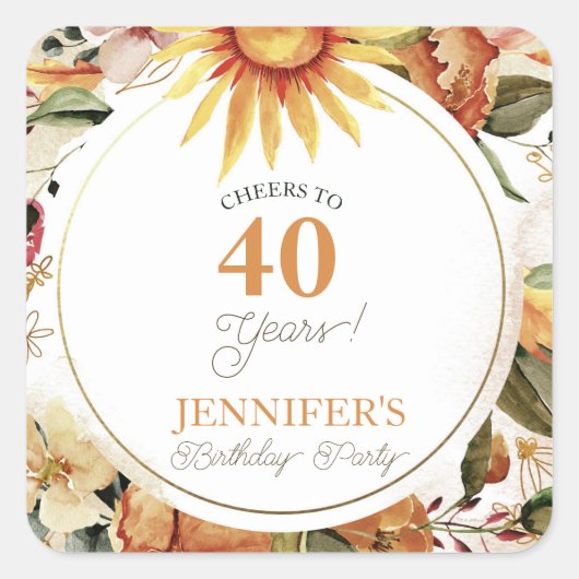 Boho Rustic Autumn Sunflower 40th Birthday Party Vierkante Sticker (Voorkant)