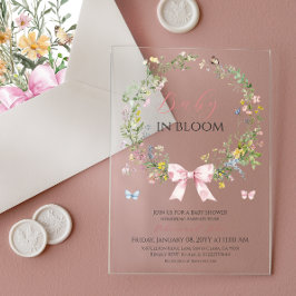 Boho Rustic Baby in Bloom Pink Bow Baby shower Acryl Uitnodigingen