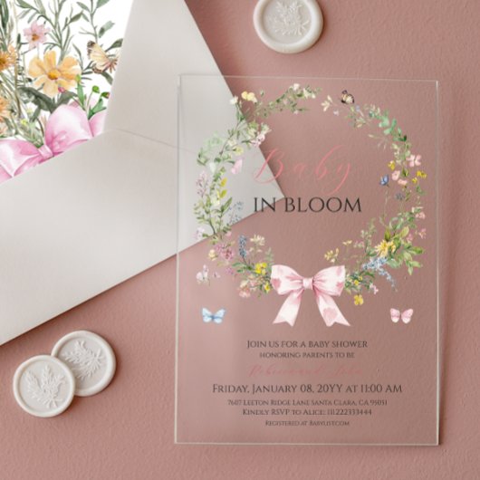 Boho Rustic Baby in Bloom Pink Bow Baby shower Acryl Uitnodigingen