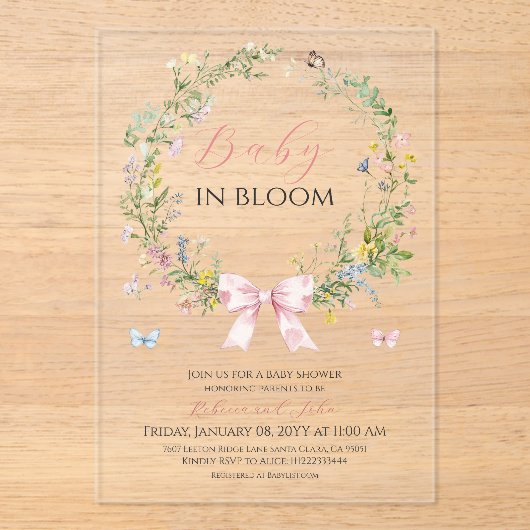 Boho Rustic Baby in Bloom Pink Bow Baby shower Acryl Uitnodigingen (Voorkant)