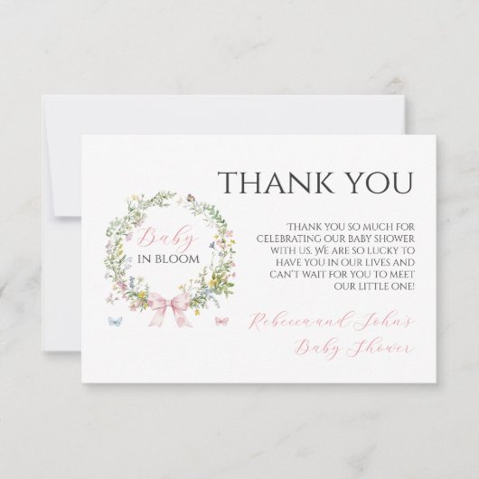 Boho Rustic Baby in Bloom Pink Bow Baby shower Bedankkaart (Voorkant)