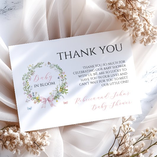 Boho Rustic Baby in Bloom Pink Bow Baby shower Bedankkaart