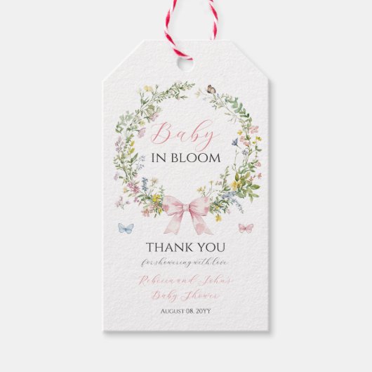 Boho Rustic Baby in Bloom Pink Bow Baby shower Cadeaulabel (Voorkant)
