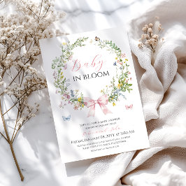 Boho Rustic Baby in Bloom Pink Bow Baby shower Kaart