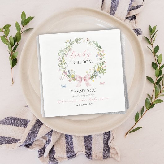 Boho Rustic Baby in Bloom Pink Bow Baby shower Servet