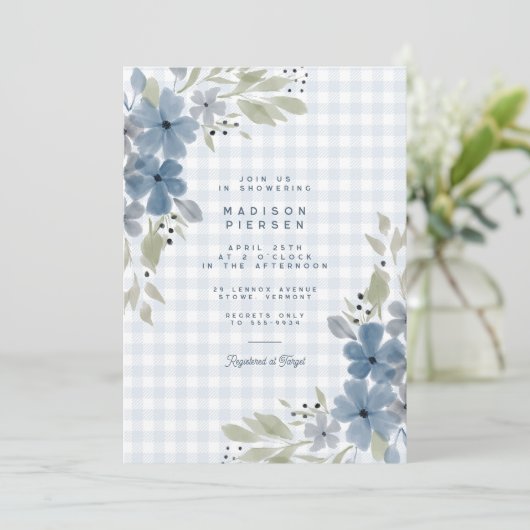 Boho Rustic Blue Floral Plaid Boy Baby shower Kaart (Staand voorkant)