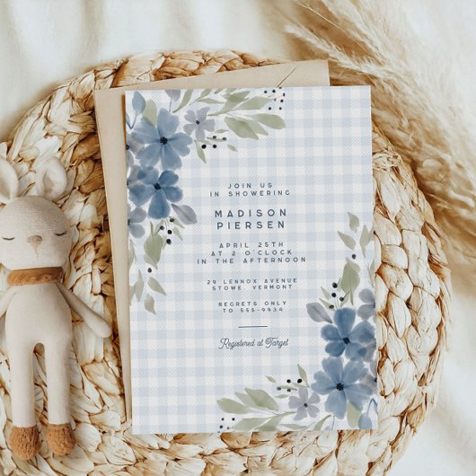 Boho Rustic Blue Floral Plaid Boy Baby shower Kaart