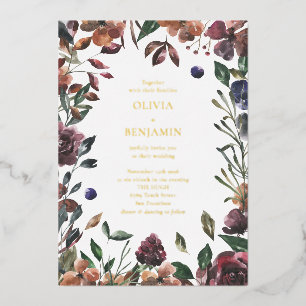 Boho Rustic Botanical Burgundy Border Wedding Folie Uitnodiging