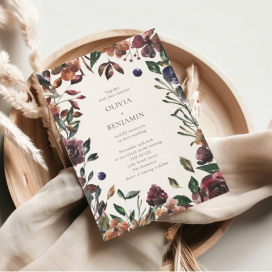 Boho Rustic Botanical Burgundy Border Wedding Kaart