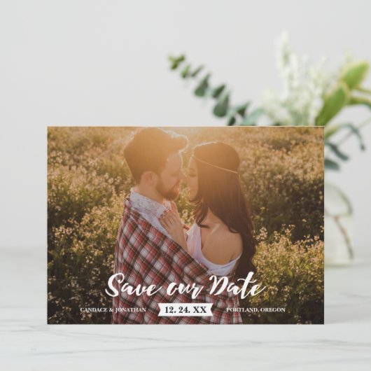 Boho Rustic Brush Script Foto De datum opslaan Save The Date (Staand voorkant)