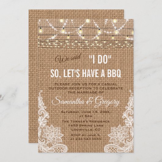 Boho Rustic Burlap Lace String Lights I DO BBQ Kaart (Voorkant / Achterkant)