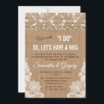 Boho Rustic Burlap Lace String Lights I DO BBQ Kaart<br><div class="desc">Chic Burlap Lace String Lights. Nadat we zeiden dat ik dat deed,  hebben we een BBQ! Uniek kaartontwerp met snaarlichten,  elegante lantaarnhoeken,  snaarlichten op een schoot achtergrond. Het gebruik past hulpmiddel aan om uw info toe te voegen. Zie ook mijn Vintage Lace Collectie.</div>