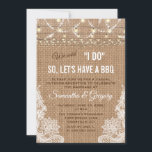 Boho Rustic Burlap Lace String Lights I DO BBQ Kaart<br><div class="desc">Chic Burlap Lace String Lights. Nadat we zeiden dat ik dat deed,  hebben we een BBQ! Uniek kaartontwerp met snaarlichten,  elegante lantaarnhoeken,  snaarlichten op een schoot achtergrond. Het gebruik past hulpmiddel aan om uw info toe te voegen. Zie ook mijn Vintage Lace Collectie.</div>