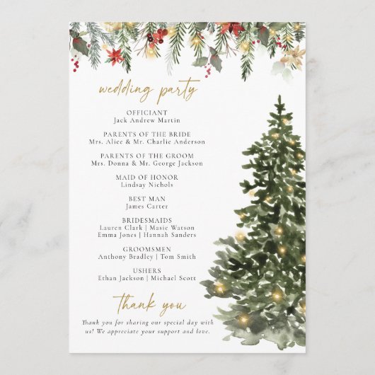 Boho Rustic Christmas Pine Tree Lights Wedding Programmakaart (Achterkant)