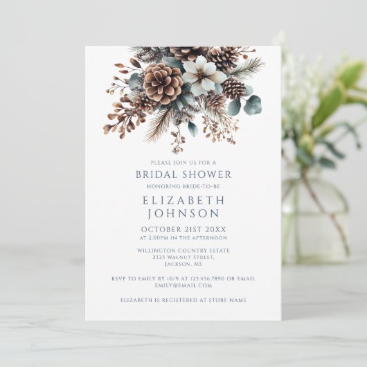 Boho Rustic Denneappel Bloem QR Code Bruidsdouche Kaart (Staand voorkant)