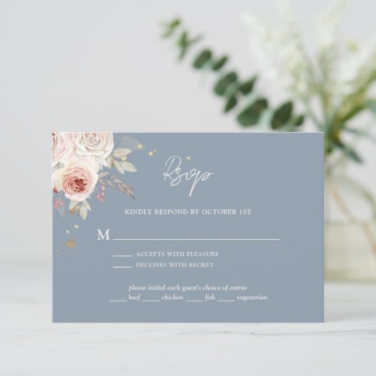 Boho Rustic Dusty Blue Wedding RSVP Kaartje (Staand voorkant)