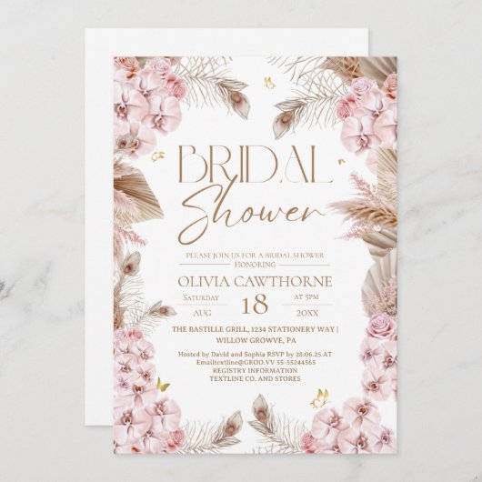Boho Rustic Dusty Pink Bridal Shower Invitation Kaart (Voorkant / Achterkant)