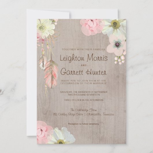 Boho Rustic Feather and Floral Wedding Invitation Kaart (Voorkant)
