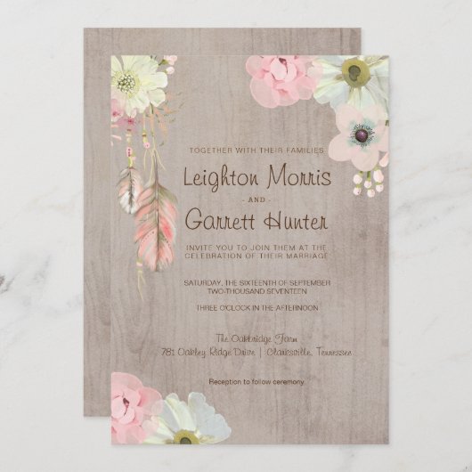 Boho Rustic Feather and Floral Wedding Invitation Kaart (Voorkant / Achterkant)
