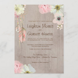 Boho Rustic Feather and Floral Wedding Invitation Kaart