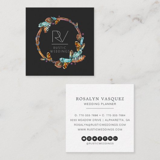 Boho Rustic Feather Wreath Monogram Vierkante Visitekaartje (Voorkant / Achterkant)