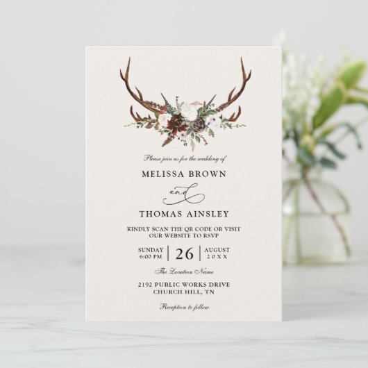 Boho Rustic Floral Antlers Budget QR Code Wedding Kaart (Staand voorkant)