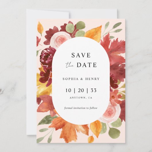 Boho Rustic Floral Bourgondië Herfst Foto bruiloft Save The Date (Voorkant)