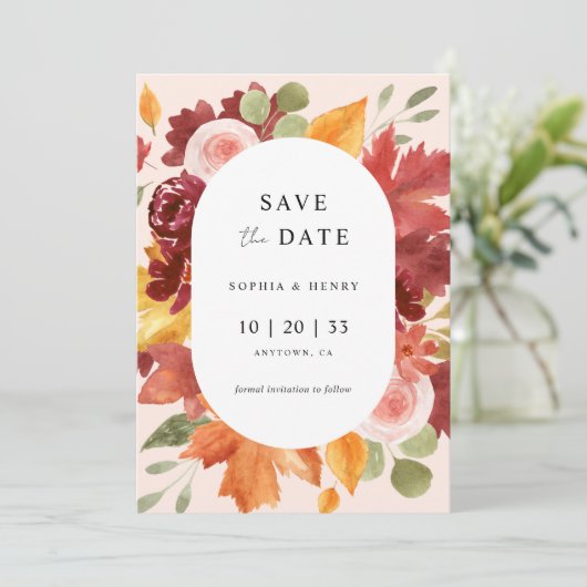 Boho Rustic Floral Bourgondië Herfst Foto bruiloft Save The Date (Staand voorkant)