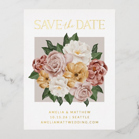 Boho Rustic Floral Elegant Save the Date Gold Folie Uitnodiging Briefkaart (Voorkant)