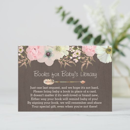 Boho Rustic Floral Feather Baby's Library Insert 2 Informatiekaartje (Staand voorkant)