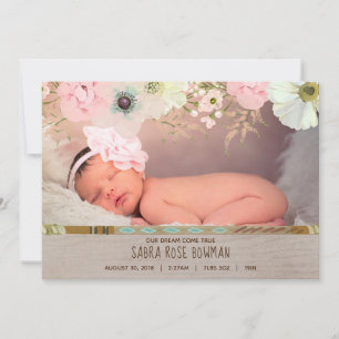 Boho Rustic Floral Feather Geboorteaankondiging Aankondiging