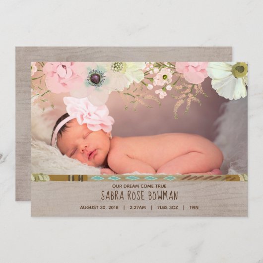 Boho Rustic Floral Feather Geboorteaankondiging Aankondiging (Voorkant / Achterkant)