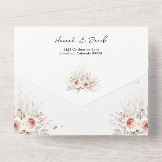 Boho Rustic Floral met RSVP Wedding All In One Uitnodiging (Achterkant)