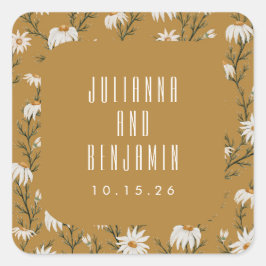 Boho Rustic Floral Mustard Yellow Wedding Custom Vierkante Sticker