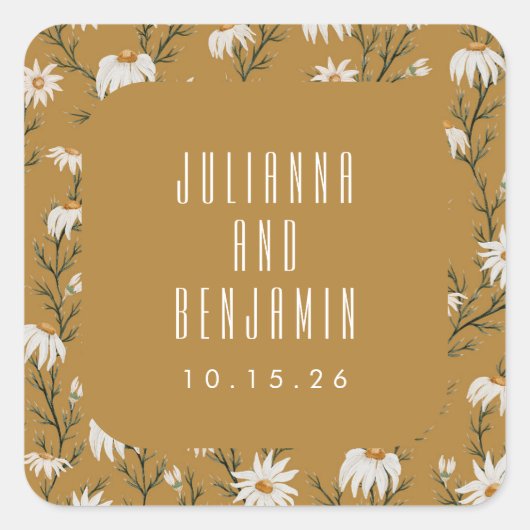 Boho Rustic Floral Mustard Yellow Wedding Custom Vierkante Sticker (Voorkant)