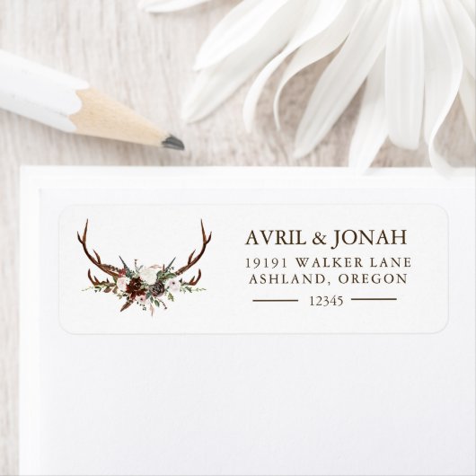 Boho Rustic Floral Roos Antlers Retouradres Etiket (Insitu)