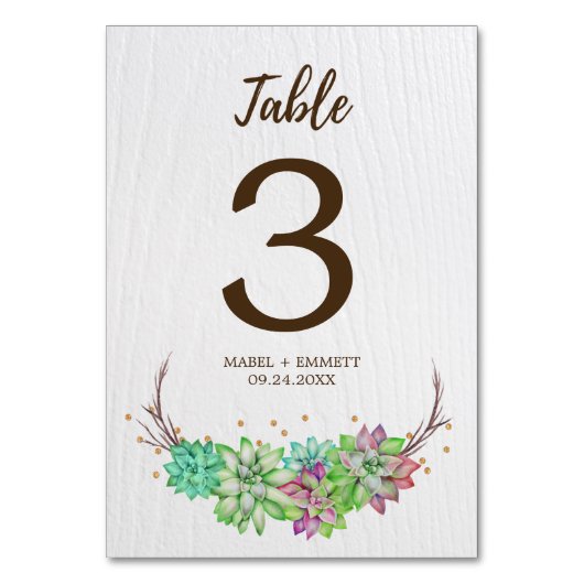 Boho Rustic Floral Succulent Wedding Table Number Kaart (Voorkant)