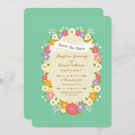 Boho Rustic Floral Wreath Wedding (Mint) Aankondiging (Voorkant / Achterkant)