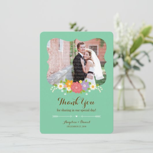 Boho Rustic Floral Wreath Wedding (Mint) Bedankkaart (Staand voorkant)