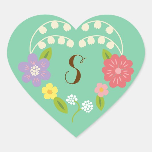 Boho Rustic Floral Wreath Wedding (Mint) Hart Sticker (Voorkant)